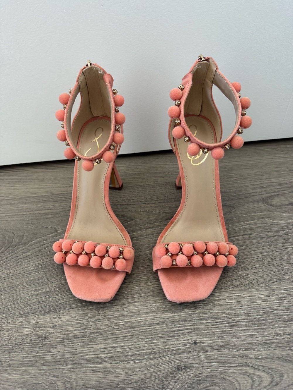 Sam Edelman Coral Pink Pom-Pom Ankle Strap Heels